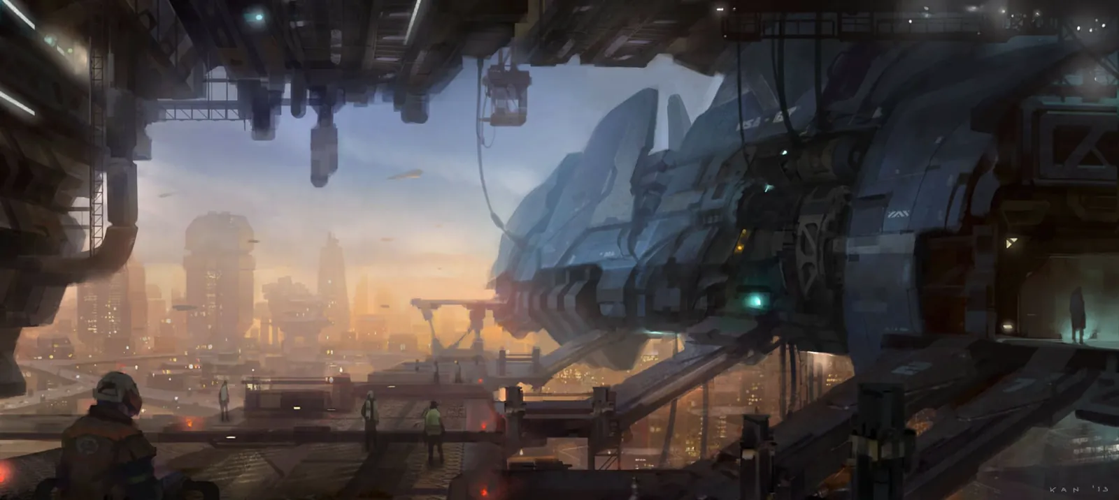 Concept art by Kan Muftic — a monumental sci-fi cityscape at dusk.