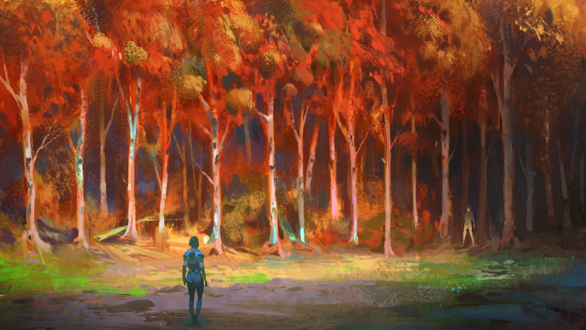 Kiss Me First — concept art for the virtual world of Azana: a lone avatar before a blazing autumn forest.
