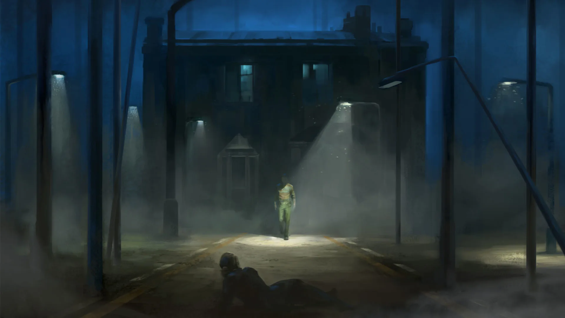 Kiss Me First — concept art for Azana: a figure crossing a fog-lit street at night beneath a single lamp.