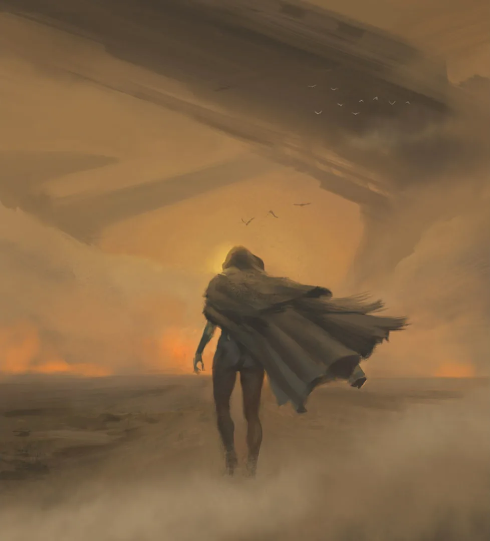 Kiss Me First — concept art for Azana: a caped figure walking into a golden dust storm.