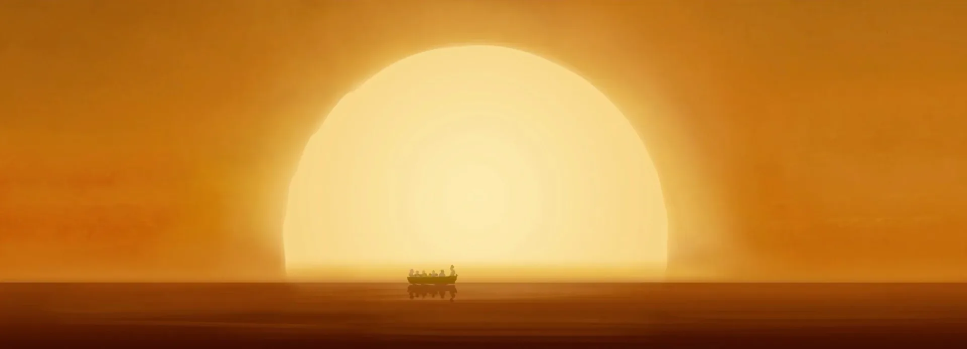 The Migrant — a small boat of refugees adrift, silhouetted against an immense sun low over the open sea.