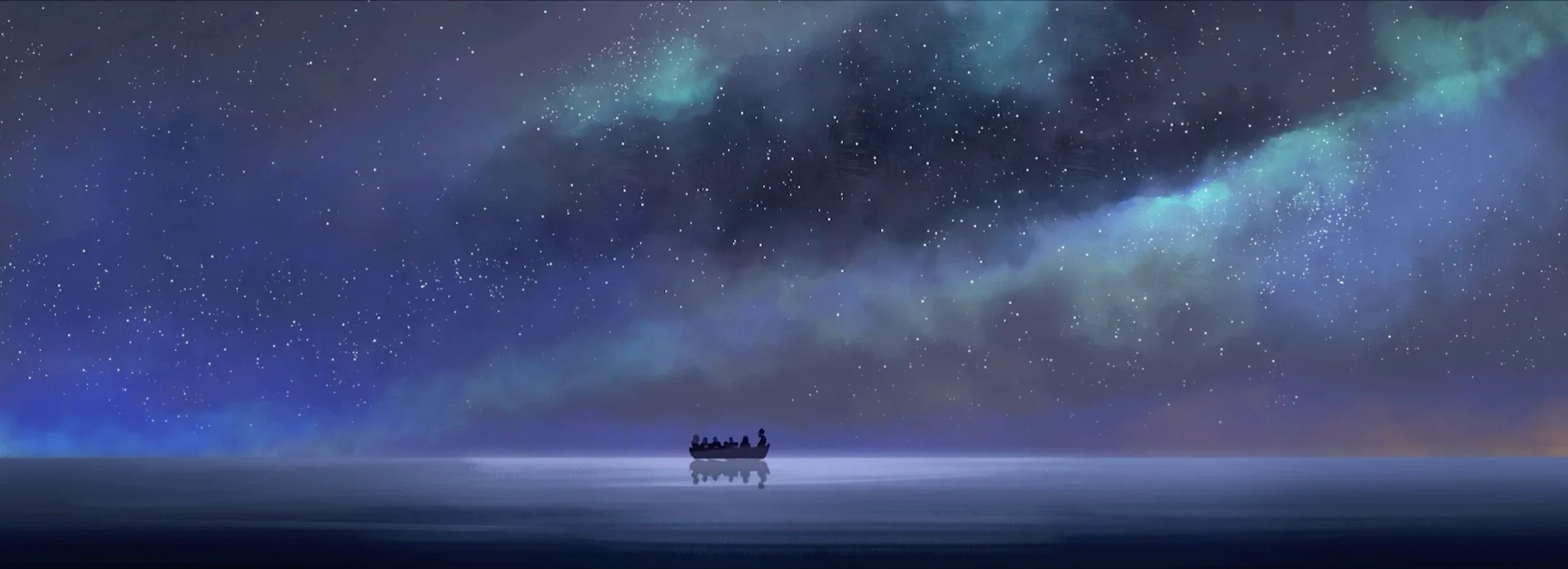 The Migrant — the boat crossing beneath a vast starlit sky and the arc of the Milky Way.