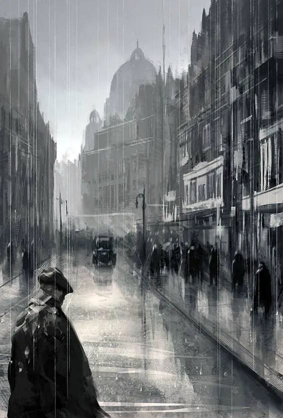 A lone caped figure on a rain-soaked noir city street.