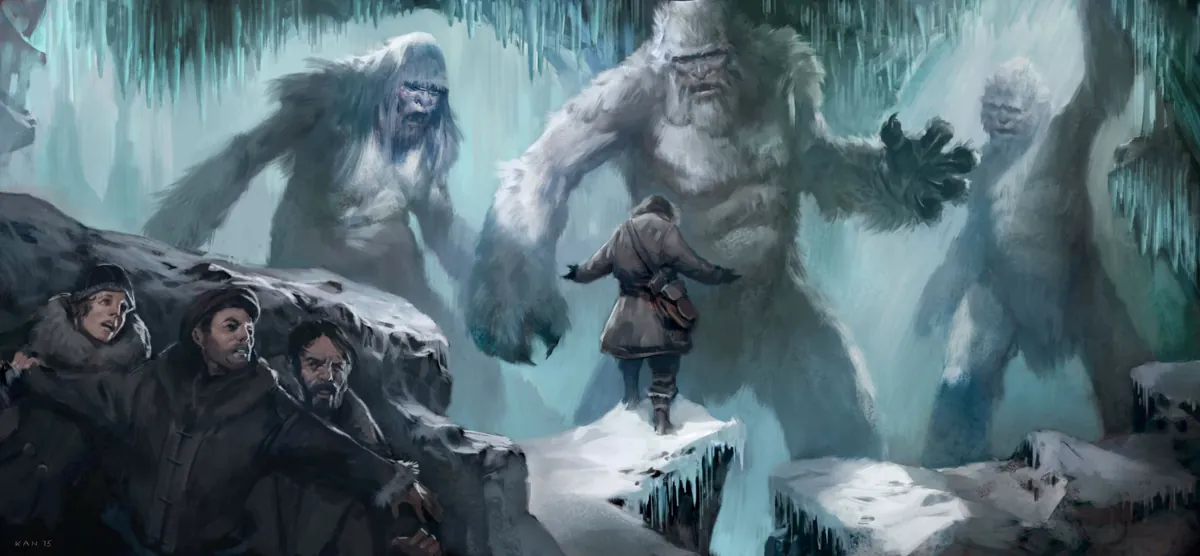 Frost giants looming over travellers in an icy canyon.