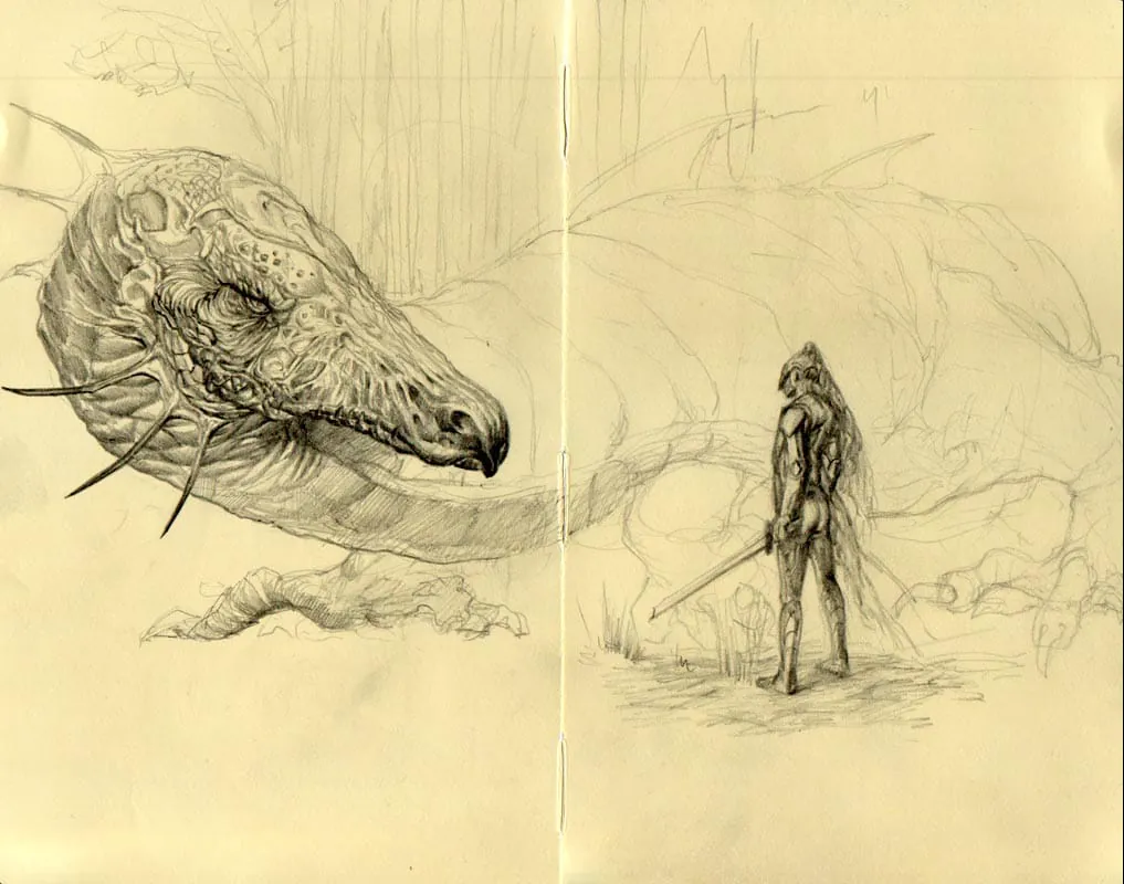 Sketchbook studies of a dragon-like creature and a lone figure.