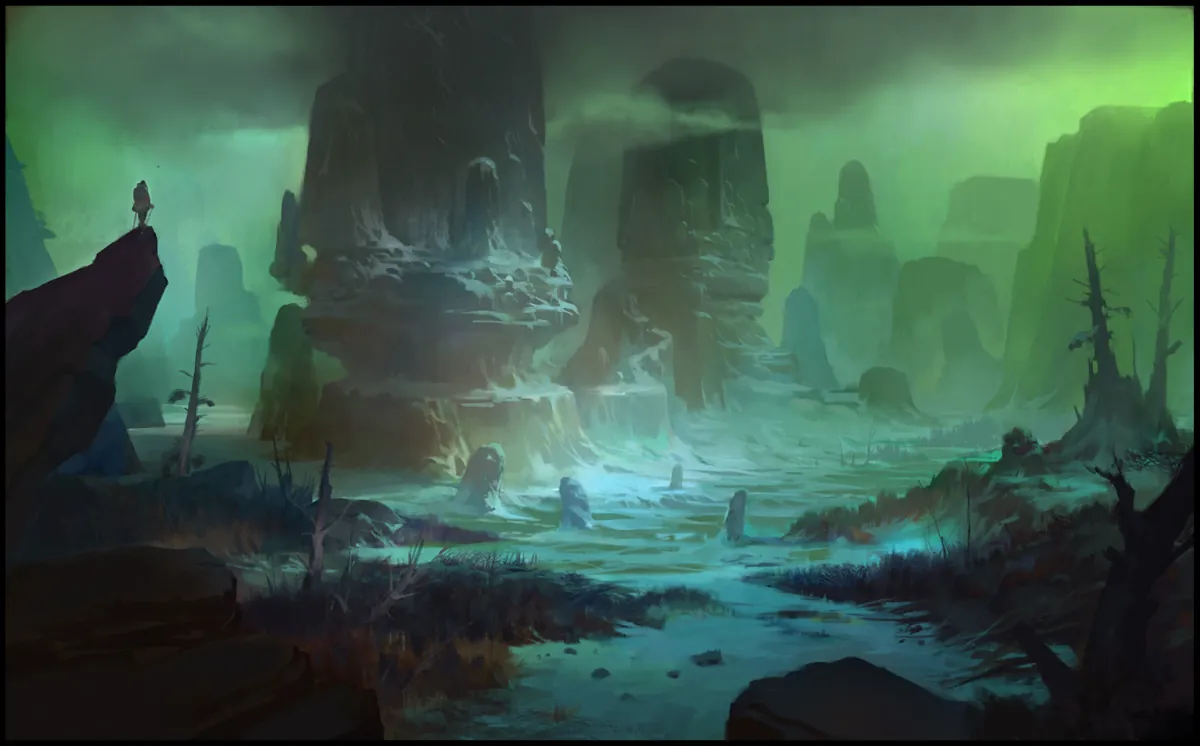 A luminous green canyon of jagged rock spires.