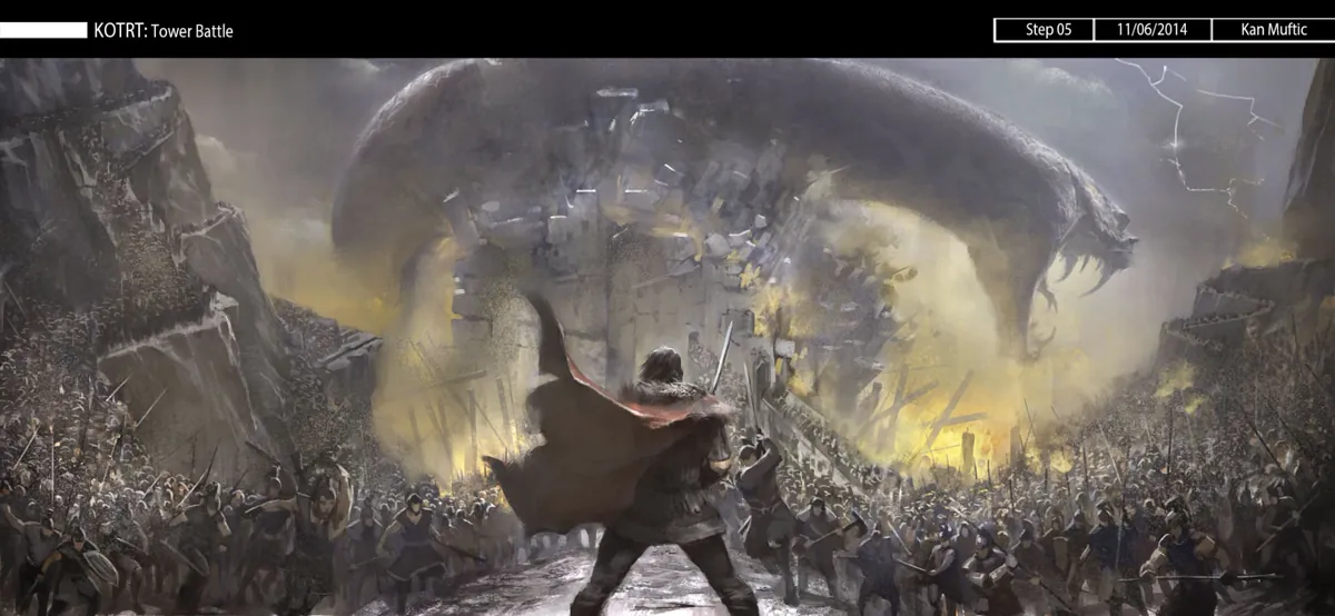 A caped warrior facing a vast horde before a colossal beast.