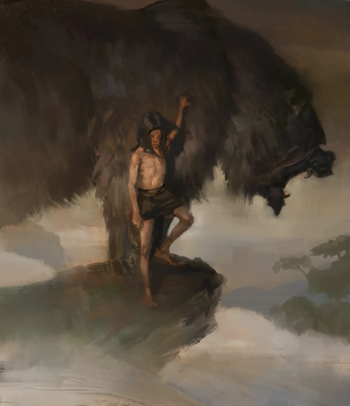 A lone figure confronting a towering bear on a misty ledge.