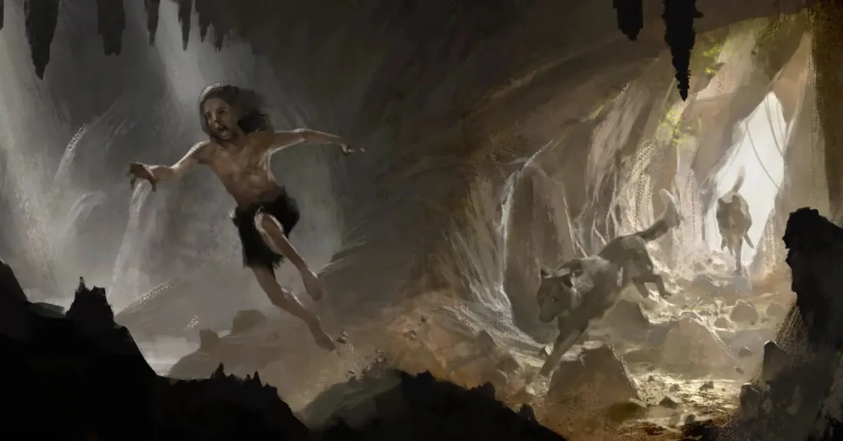 A feral figure fleeing through a cavern toward the light.