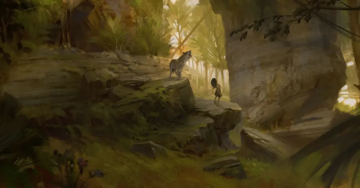 A wolf on an autumn cliff watching a distant traveller.