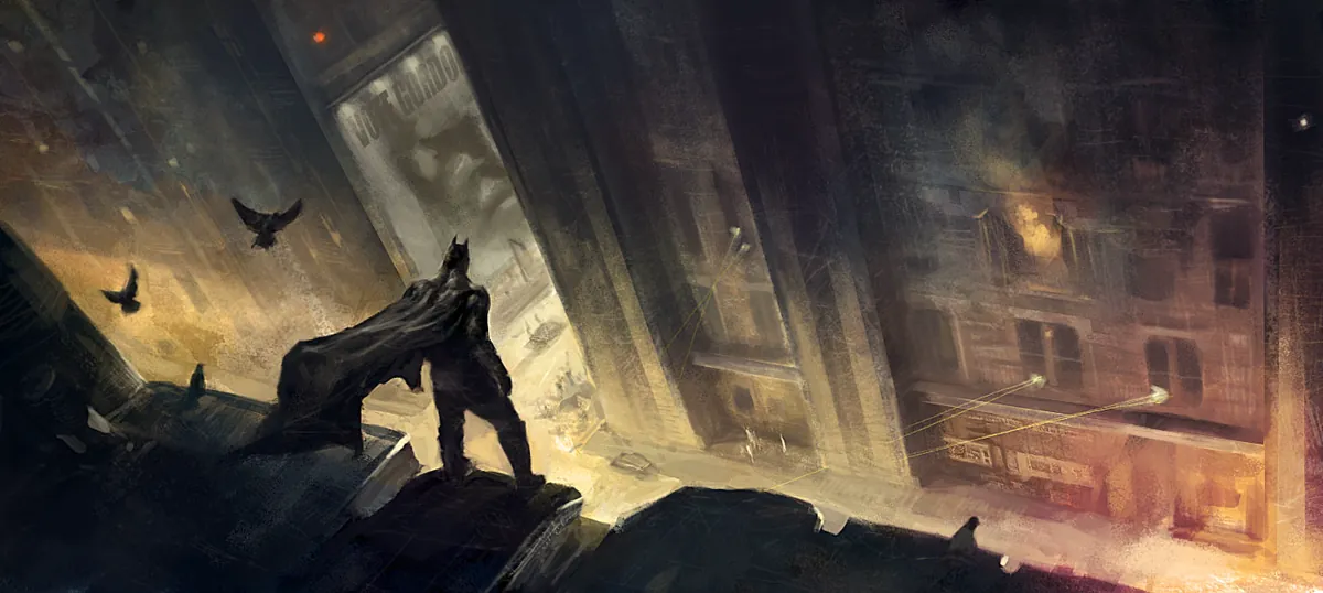 A caped figure surveying a gothic city from a rooftop.