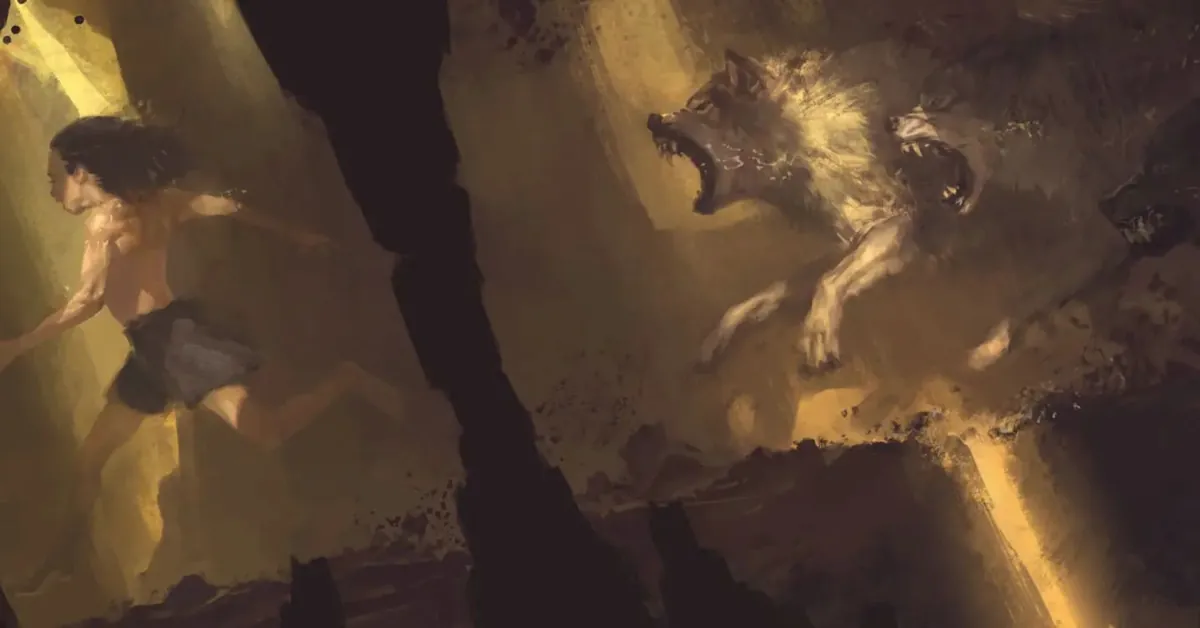 A boy fleeing a snarling beast between shafts of light.