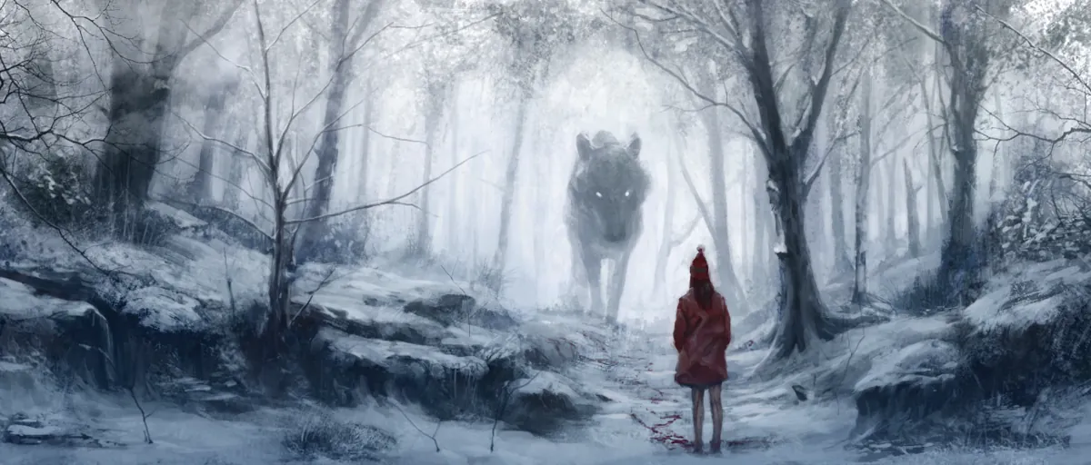 A red-hooded figure facing a wolf in a snowbound forest.