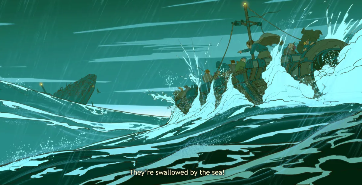 A stylised boat crew swept up by a towering wave.