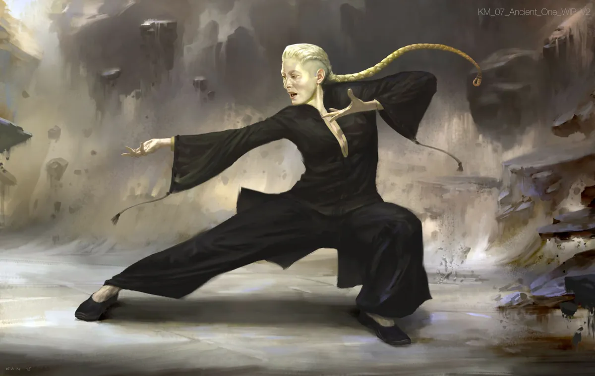 A robed figure in a martial stance amid drifting ash.